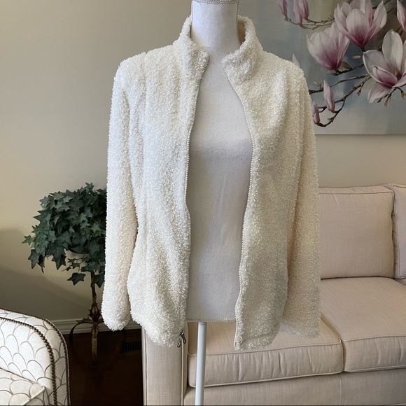 J. Jill Winter White Teddy Bear Fuzzy Zip Up Cardigan Sweater Jacket - Picture 9 of 16